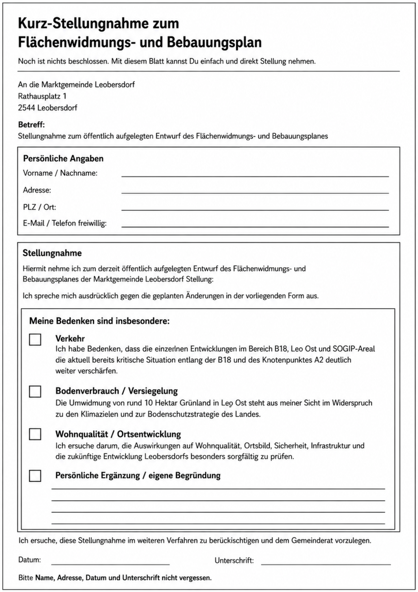 Vorderseite der Kurz-Stellungnahme zum Flächenwidmungs- und Bebauungsplan